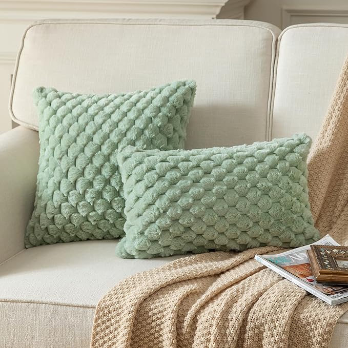 Pack of 2 Super Soft Throw Pillow Covers 12x20 Inch Faux Fur Plush Pillowcase Luxury Cozy Fluffy Decorative Cushion Cover for Sofa Couch Bed Livingroom Sage Green