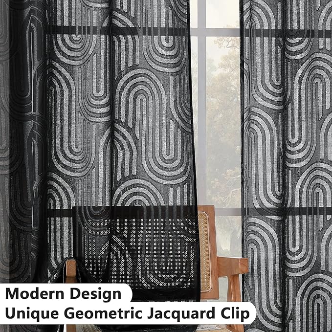 Simplebrand Sheer Black Curtains Kitchen 36 Inch Length 2 Panels Set for Window, Soft Airy Geometric Jacquard Semi Sheer Curtains for Bathroom, Modern Rod Pocket Window Curtains, 42Wx36L Inches