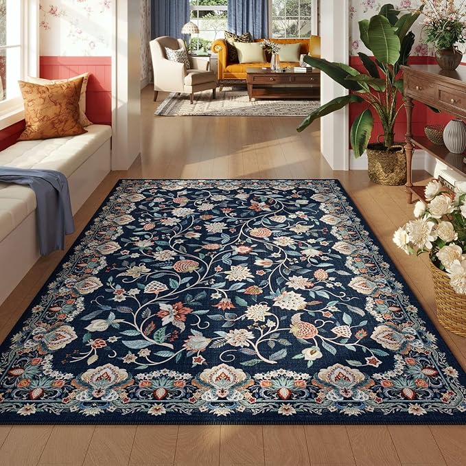 Rugcomf Vintage Paisley Rugs for Bedroom 4'x6' - Machine Washable Area Rug, Non-Slip Low Pile Floral Carpet for Girl/Boys Room, Living Room, Kids, Entry - Blue