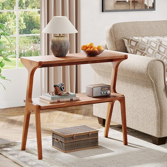 Tribesigns Set of 2 Narrow Side Table, 2-Tier Solid Wood End Table with Storage, Modern Couch Side Table for Living Room, Slim Bedside Table for Bedroom, Small Spaces, Walnut