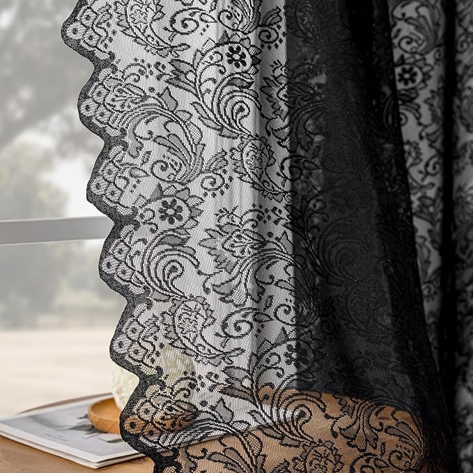 Black Lace Semi-Sheer Curtains 2 Panels – Vintage Floral Lace Halloween Curtains Gothic Privacy Light Filtering Rod Pocket Window Drapes for Bedroom Living Room, 52W x 45L Inch