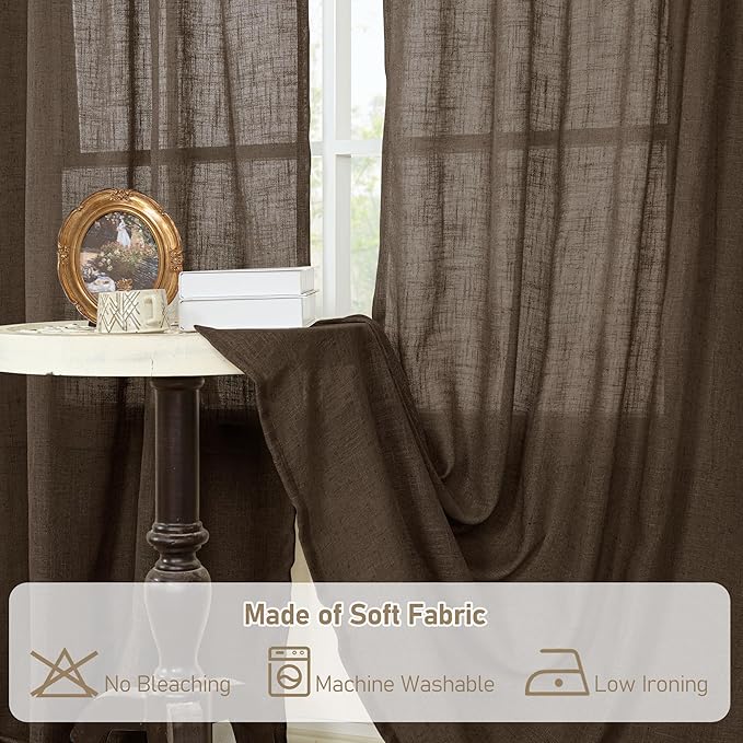 LAMIT Linen Curtains 45 Inch Length 2 Panels, Light Filtering Panels Back Tab and Rod Pocket Neutral Drapes for Kitchen/Window/Loft Room/Bedroom, 34 x 45 Inch Dark Brown