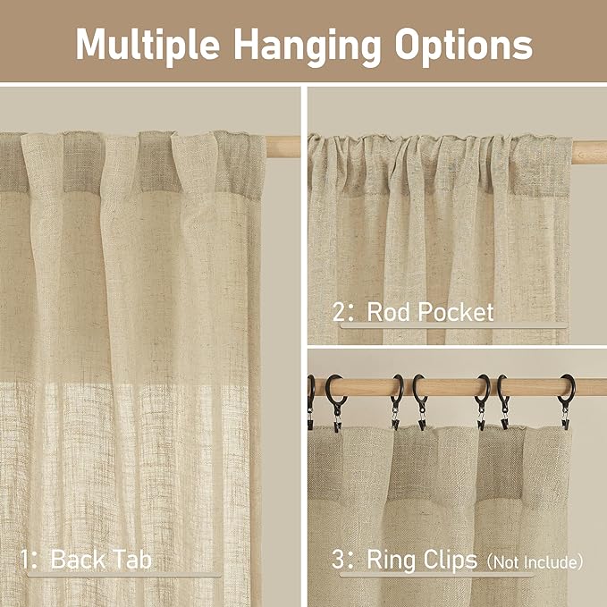 LAMIT Light Filtering Linen Curtains 78 inches Long for Bedroom, Faux Linen Textured Semi Sheer Back Tab and Rod Pocket Boho Modern Drapes for Living Room/Farmhouse, Linen, 2 Panels, 52 x 78 Inch