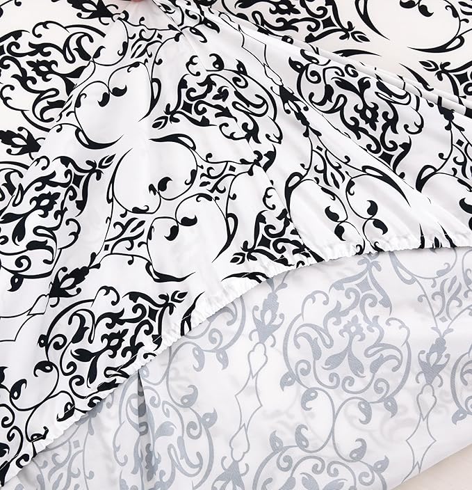 Twin Size Bed Sheets Set Deep Pockets - 6PC Floral & Swirl Ultra Soft Microfiber Bed Sheets - Easy to Clean, 90 Thread Count Sheets with Fitted Sheet, Flat Sheet & Pillowcases (Black/White Scroll)
