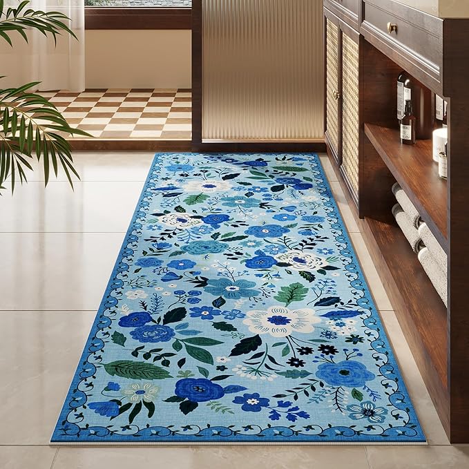 Rugcomf Runner Rug for Hallways Kitchen Rug Non Slip 2'6''x8' Washable Runner Rugs with Rubber Backing Soft Floral Carpet Runner for Hallways, Kitchen, Laundry, Bedroom, Bathroom(Blue)
