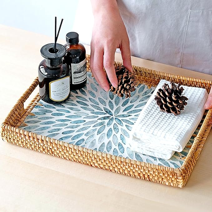 i-lan 14 Inch Rectangular Rattan Woven Tray Basket with Light Blue MOP Wooden Base and Handles, Boho Wicker Coffee Table Serving Tray Décor with 2 Inch Wall, Handmade Display Basket for Dining Room