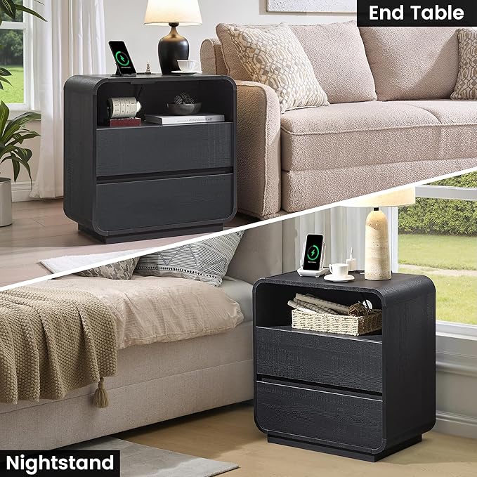 Black Nightstand with Charging Station, 25" Tall Wood Bedside Table, Modern End Table with 2 Storage Drawers, Curved Profile, Mid Century Night Stand for Bedroom, Dorm, Sofa, Office