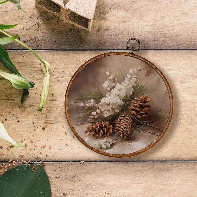 KSDUT Vintage Christmas Wall Decor Art - Retro Pine Cone Christmas Wall Art Canvas Frame Hanging Prints, Merry Xmas Holiday Round Wall Art Decor for Home Farmhouse Decorations 10"x10"