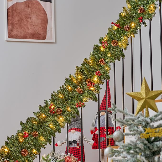 Joiedomi 9 FT Artificial Christmas Garland Prelit with 50 Count Warm White String Lights, Pine Cones and Red Berries for Christmas Holiday Xmas Season Decorations, Plug in Lighted Pine Garland