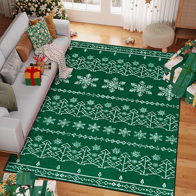 Christmas Green Area Rug 5x7 Washable Kitchen Carpet Xmas Snowflake Holiday Decor Indoor Throw Rug Decorative Living Room Non Slip Soft Low Pile Carpet Bedroom Dining Room Office Nursery