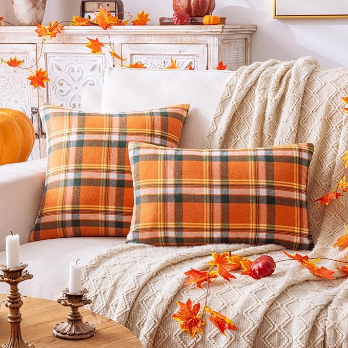 Fall Plaid Orange Green Throw Pillow Covers 20x20 Inch, Set of 2 Autumn Decorative Throw Pillows for Couch Sofa Bed Living Room Home Decor, Accent Pillow Cases for Farmhouse Couch Cushion Covers