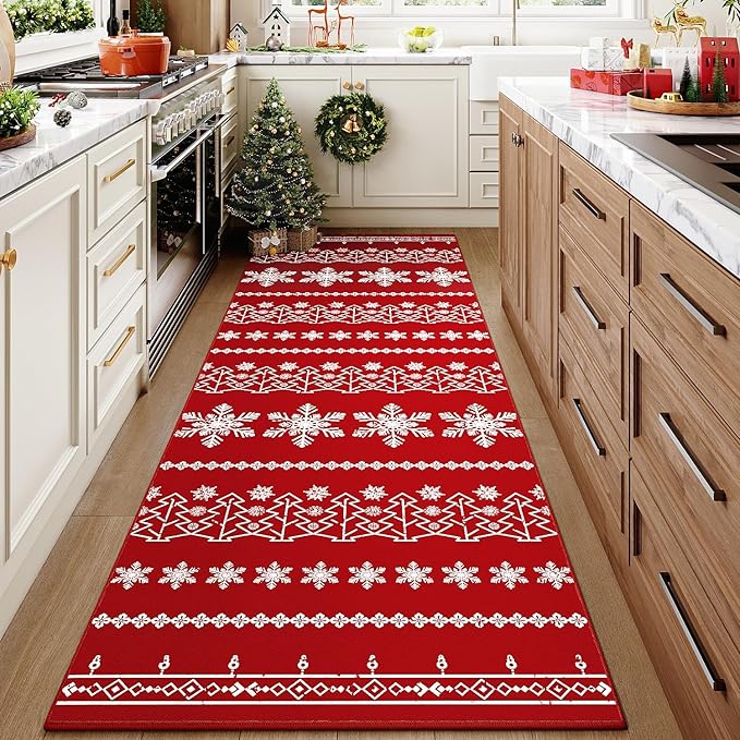 Christmas Runner Rug 3x8 Red Washable Carpet Xmas Snowflake Holiday Decor Kitchen Non Slip Soft Low Pile Long Carpet Indoor Throw Rug Laundry Room Living Room Bedroom Dining Room