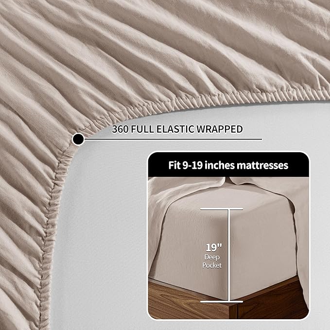 LBRO2M 100% Linen Sheet Set 19" Deep Pocket King Size,Bed Sheets 4 Piece Sets,Solid Color Natural Flax Bed Sheets Soft Breathable Bedding, All Season (King, Linen)