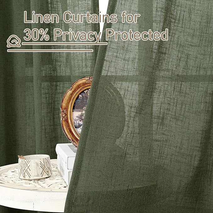 LAMIT Olive Green Linen Semi Sheer Curtains 45 Inch for Bedroom, Light Filtering Neutral Window Curtains Boho Back Tab and Rod Pocket Christmas Decor Panels, 2 Panels, 52 x 45 Inch