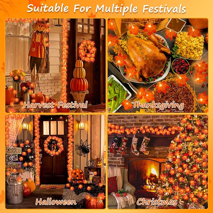 2 Pack Fall Decorations for Home,Fall Lights Battery Operated,Total 20FT 40 Led Maple Leaf Garland with Lights String for Halloween Thanksgiving Autumn Harvest Friendsgiving Indoor Outdoor