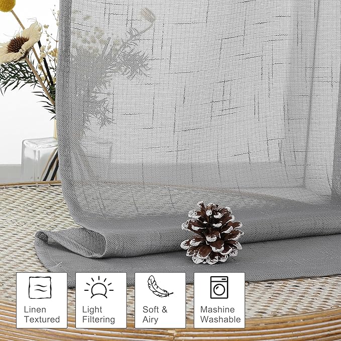 Aiyufeng Gray Faux Linen Sheer Curtains 96 Inches Long 2 Panels, Light Filtering Textured Soft Rod Pocket Window Curtain Panels for Farmhouse Living Room Bedroom, Each 40Wx96L Inch, Grey