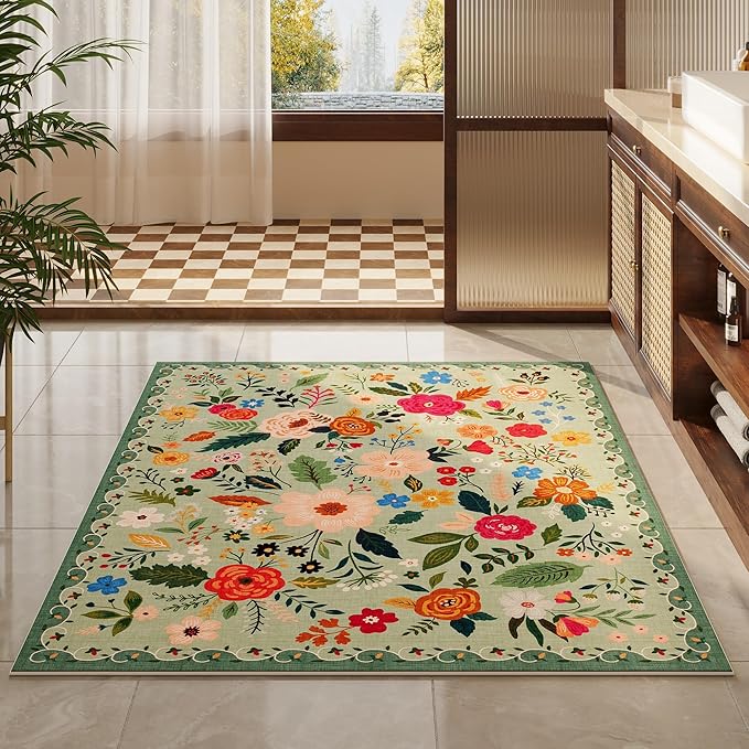 Rugcomf Area Rug 4x6 Rug Washable Boho Rugs Non Slip Low Pile Floral Small Carpet for Bedroom, Bedside, Kids Room, Office, Dining Room(Green)