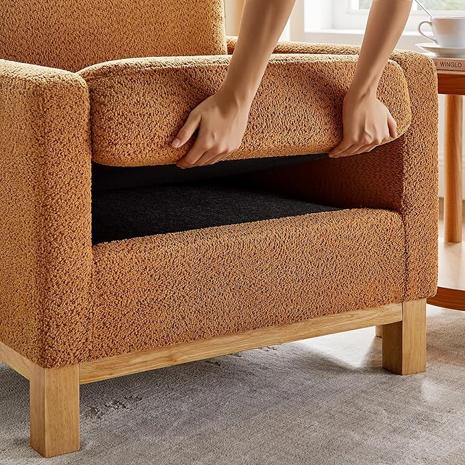 VANOMi Accent Chair 29.5" Reading Chair, Modern Living Room Chair with Thick Cushion&Wood Base, Comfy Upholstered Boucle Armchair, Single Sofa for Bedroom, Office, Curry