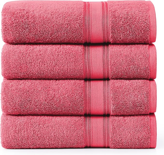 Lane Linen 100% Cotton Large Bath Towels Set of 4 (30"x60") - Zero Twist, Mercerized Cotton Bathroom Towel Sets - Quick Dry, Soft & Absorbent Large Towels Set - Dorm Essentials for Girls - Honeysuckle