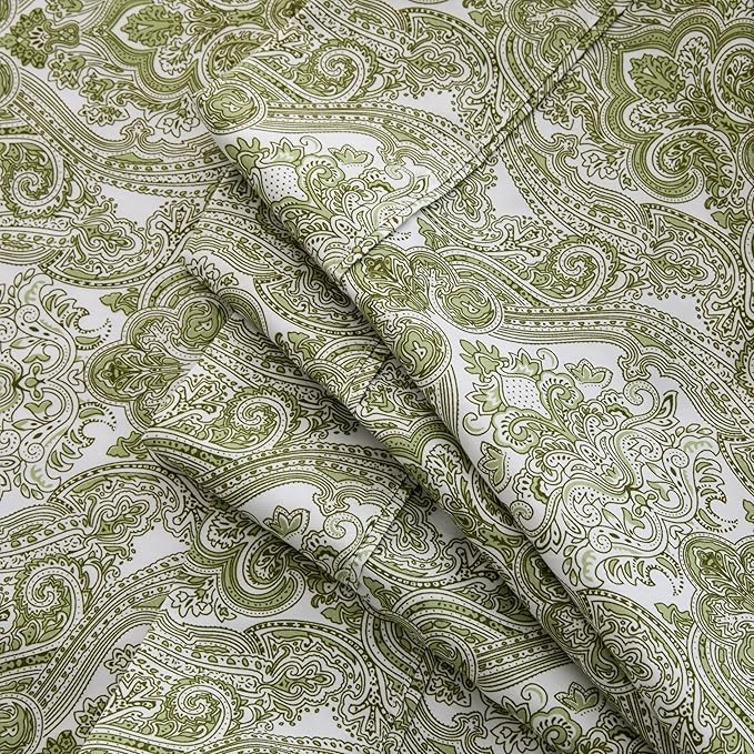 Spirit Linen home Twin Size Bed Sheets Set Deep Pockets - 6PC Paisley Ultra Soft Microfiber Bed Sheets - Easy to Clean, 90 Thread Count Sheets with Fitted Sheet, Flat Sheet & Pillowcases (Fern Green)