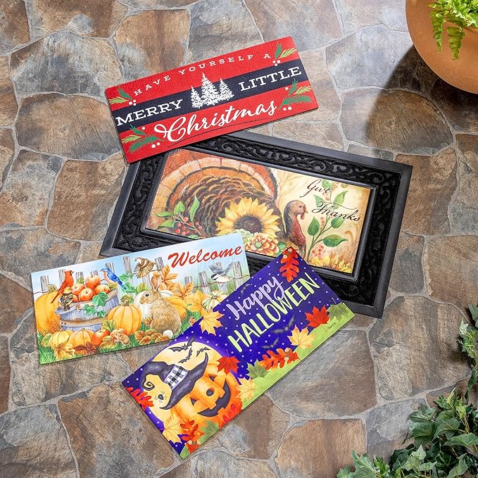 Evergreen Sassafras Fall Christmas Holiday Doormat Insert Bundle & Tray Set of 5, Interchangeable Entrance Door mats Indoor and Outdoor Welcome Mat 30 x 18 Tray Non Slip Backing Low Profile