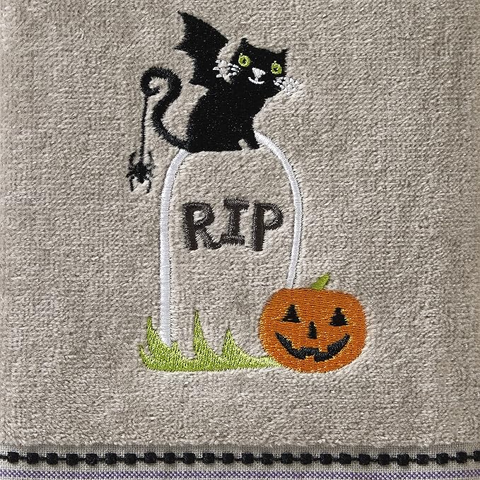 SKL Home Halloween Graveyard Cat Hand Towel 2pc Set for Bath/Kitchen/Bar & Gift, Gray