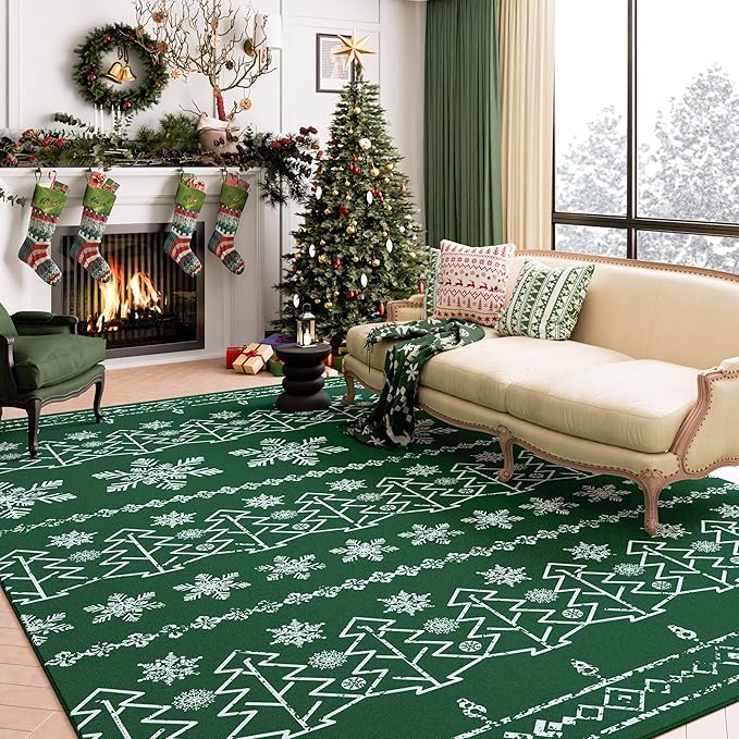 Christmas Green Area Rug 8x10 Washable Living Room Carpet Xmas Snowflake Holiday Decor Indoor Bedroom Throw Rug Decorative Non Slip Soft Low Pile Large Carpet Dining Room Office Nursery
