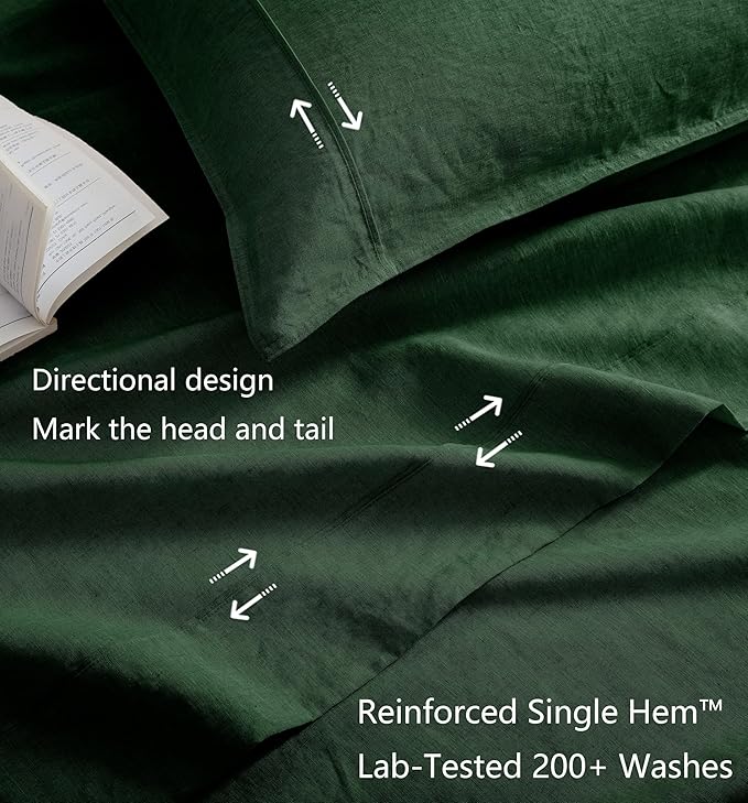 Talasily 100% French Pure Linen Sheets Set Full Size,Oeko-TEX Certified Bedding, All-Season Breathable for Hot Sleepers,16 Inch Deep Pocket Machine Washable 4-Piece (Forest Green)