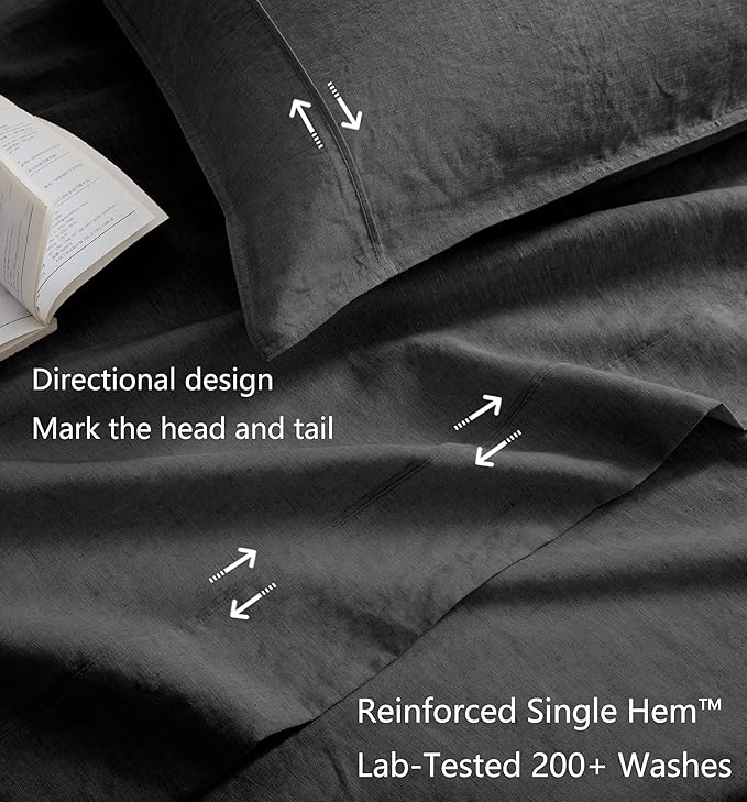 Talasily 100% French Pure Linen Sheets Set Twin Size,Oeko-TEX Certified Bedding, All-Season Breathable for Hot Sleepers,16 Inch Deep Pocket Machine Washable 3-Piece (Dark Grey)