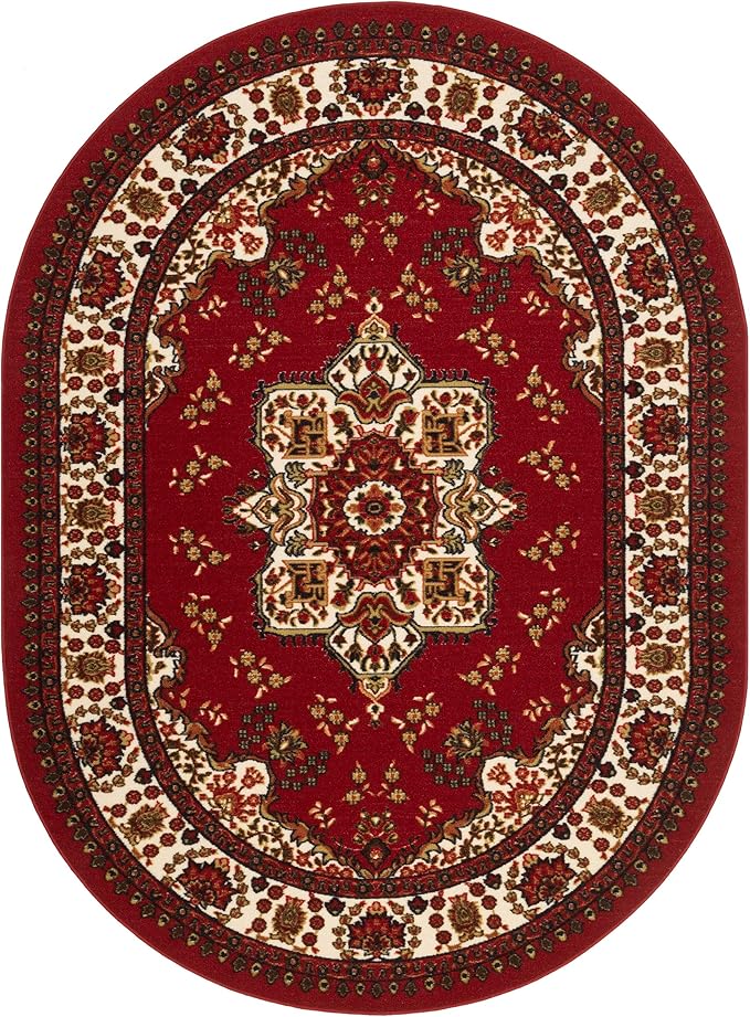 Antep Rugs Alfombras Oriental Traditional 5x7 Non-Skid (Non-Slip) Low Profile Pile Rubber Backing Indoor Area Rugs (Maroon, 5' x 7' Oval)