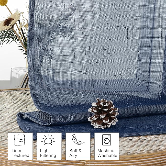 Aiyufeng Navy Blue Long Sheer Curtains - Slub Texture Semi Sheer Window Covering, Light & Airy Privacy Sheer Panels for Bedroom Living Room Patio Glass Door, 40 inch Width x 96 inch Length, Set of 2