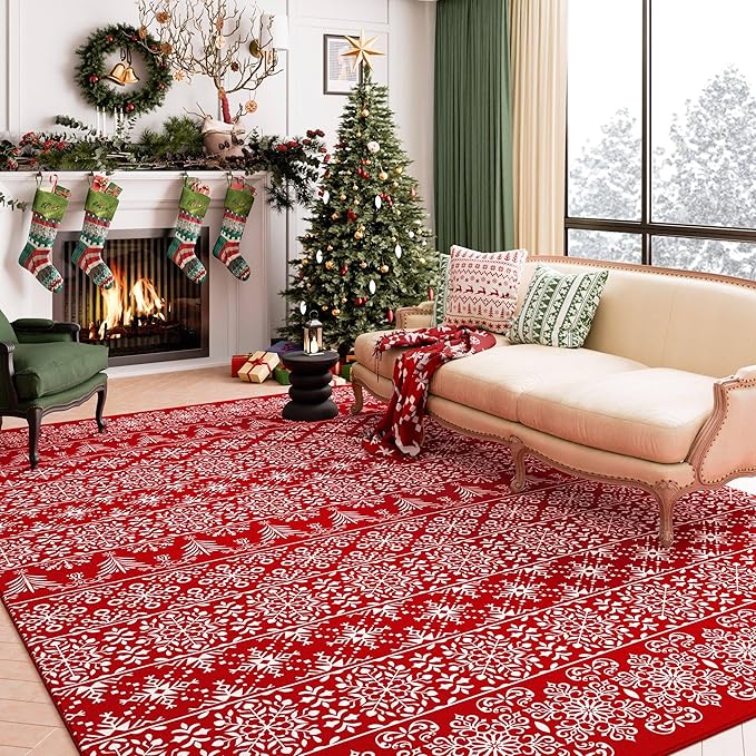 5x7 Area Rug Red Christmas Living Room Carpet Xmas Holiday Decor Bedroom Carpet Snowflake Washable Non Slip Kitchen Mat Indoor Decorative Throw Rug Entryway Dining Room Nursery Bathroom