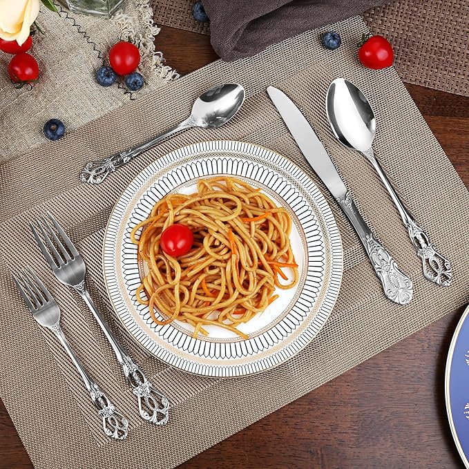 Silverware Set, 30 Pieces Retro Royal Silverware Set for 6, Anti-rust Stainless Steel Flatware Set Including Fork Spoon and Knife, Dishwasher Safe, Silver