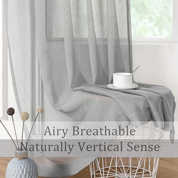 Randall Grey Linen Sheer Curtain Panel Pairs with Grommets/Eyelets Rustic Window Drape Treament Decoration for Living Room Bedroom Farmhouse, 54x63 Inch, 2 Panels