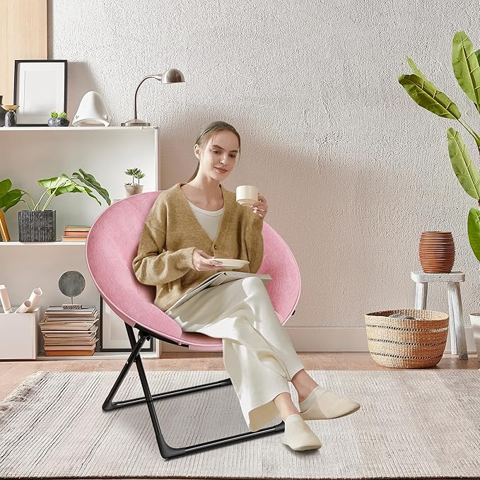 Saucer Chair with Faux Fur Cover, Large Foldable Moon Chair for Adults & Teens, Cozy Circle Accent Chair for Bedroom, Living Room, Dorm, Playroom, Soft Folding Gaming Chair for Small Spaces, Pink