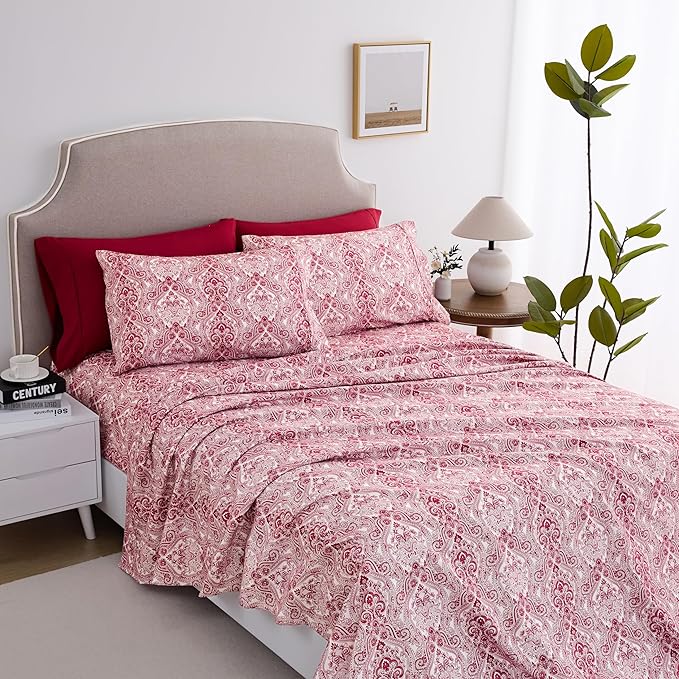 Full Size Bed Sheets Set Deep Pockets - 6PC Paisley Ultra Soft Microfiber Bed Sheets Set - Easy to Clean, 90 Thread Count Sheets with Fitted Sheet, Flat Sheet & Pillowcases (Burgundy)
