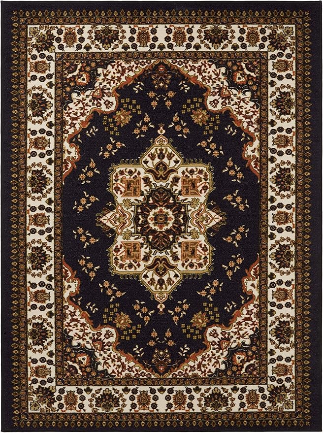 Antep Rugs Alfombras Oriental Traditional 8x10 Non-Skid (Non-Slip) Low Profile Pile Rubber Backing Indoor Area Rugs (Black, 7'10" x 10')