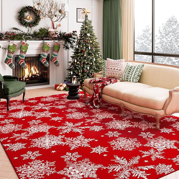 Christmas Red Area Rug 5x7 Washable Living Room Carpet Snowflake Holiday Decor Doormat Non Slip Soft Throw Rug Low Pile Decorative Xmas Bedroom Dining Room Office Bathroom Kitchen
