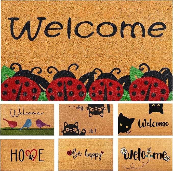 Ladybugs - 17"x29" - Coir Door Mat with Heavy Duty Backing - Welcome Mats for Entryway, Porch - Anti-Slip PVC & Coconut Fiber Surface - Natural Home Accessories, Minimalist Original Design