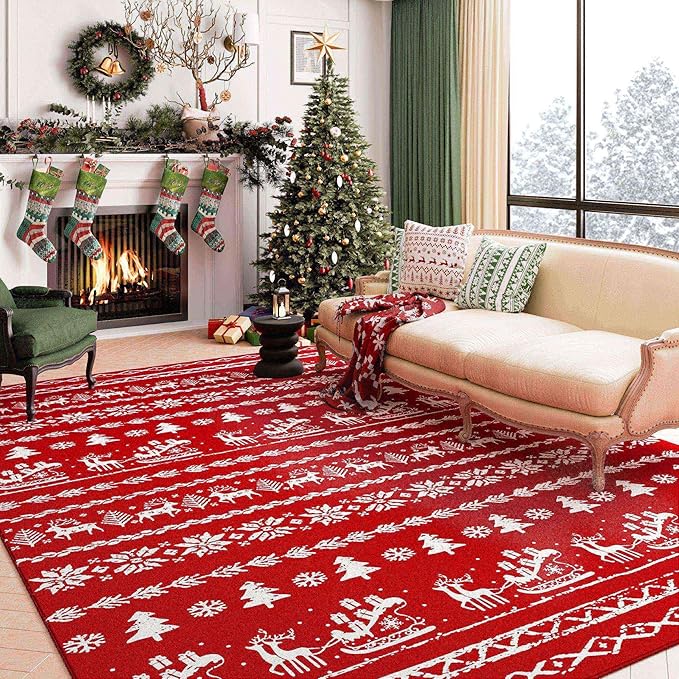 Christmas Area Rug 3x5 Red Office Washable Carpet Xmas Snowflake Holiday Decor Doormat Entryway Soft Low Pile Non Slip Indoor Throw Rug Kitchen Living Room Bedroom Entrance Dining Room