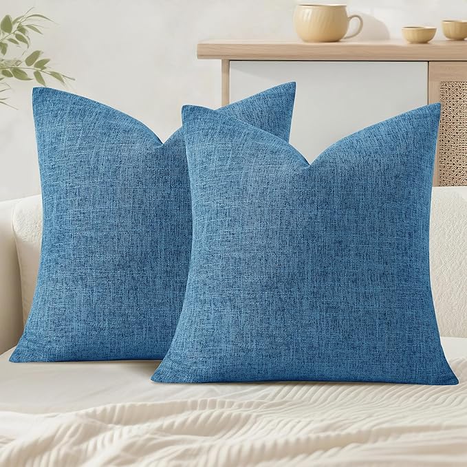 JIUZHEN 18x18 Inch Light Blue Faux Linen Pillow Covers Set of 2, Coastal Farmhouse Cushion Covers for Bedroom Sofa, Washed Texture Zipper Closure