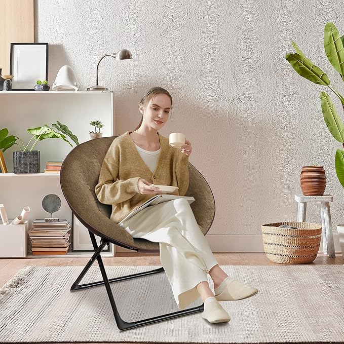 Folding Faux Fur Saucer Chair,Portable Folding Soft Moon Chair,Comfortable Lounge Chair with Metal Frame for Bedroom, Dorm Rooms, Apartments, Lounging, Garden and Courtyard, Brown