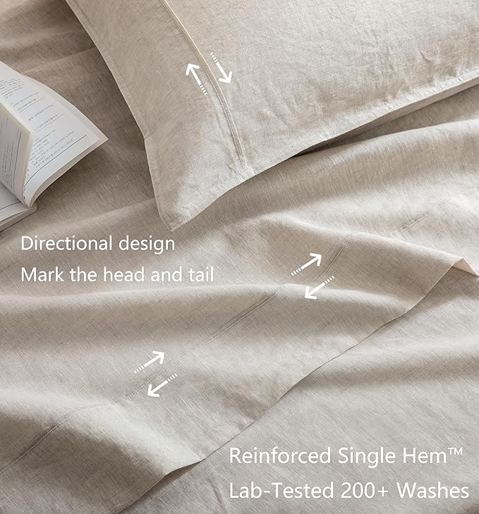 Talasily 100% French Pure Linen Sheets Set California King Size,Oeko-TEX Certified Bedding, All-Season Breathable for Hot Sleepers,16 Inch Deep Pocket Machine Washable 4-Piece (Natural Linen)