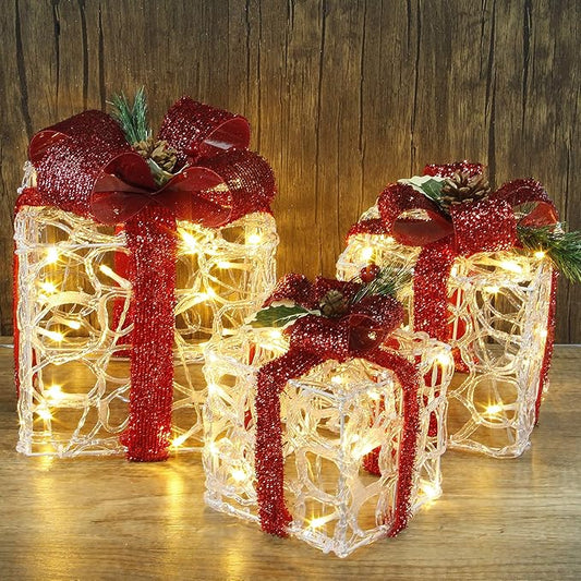 ATDAWN Set of 3 Lighted Gift Boxes Christmas Decorations, Clear Acrylic Present Boxes, Christmas Home Gift Box Decorations