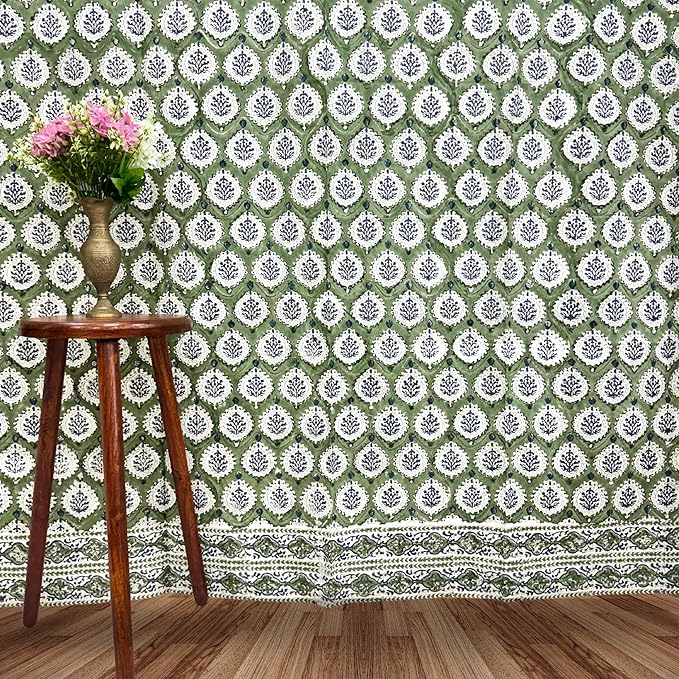 ATOSII 100% Cotton Single Panel Floral Block Print Curtain, Easy Hanging with Rod Pocket & Loop, Living Room, Dining Room, Bedroom Light Filtering Boho Curtains, Set of 1, 60" W X 96" L, Kari Green