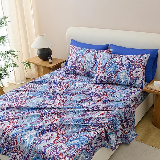 Twin Size Bed Sheets Set Deep Pockets - 6PC Floral Ultra Soft Microfiber Bed Sheets - Easy to Clean, 90 Thread Count Sheets with Fitted Sheet, Flat Sheet & Pillowcases (Navy Medallion)