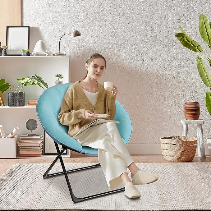 Saucer Chair with Faux Fur Cover, Large Foldable Moon Chair for Adults & Teens, Cozy Circle Accent Chair for Bedroom, Living Room, Dorm, Playroom, Soft Folding Gaming Chair for Small Spaces, Green