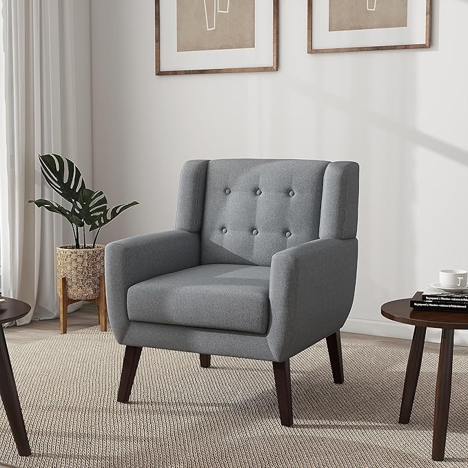 UIXE Accent Chair Modern Arm Chairs, Mid Century Upholstered Club Armchair, Comfy Single Lounge Sofa Living Room Button Tufted Armrest Reading Seat Bedroom Side Sitting for Home Office, Gray