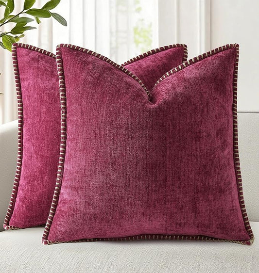decorUhome Christmas Chenille Soft Throw Pillow Covers 16x16 Set of 2, Farmhouse Velvet Neutral Decorative Euro Pillow Covers with Stitched Edge for Couch Sofa Bed Home Decor, Rhododendron