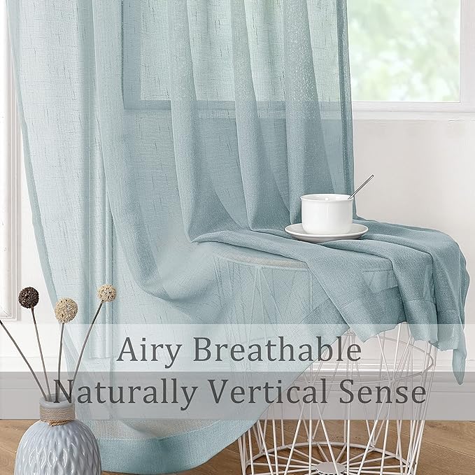 Linen Sheer Window Curtain Panel Pairs 108 Inches Extra Long for Living Room with Grommets/Eyelets Rustic Window Treament Drape Set Bedroom Farmhouse- 2 Panels, Spa/Light Teal, 54x108 Inch
